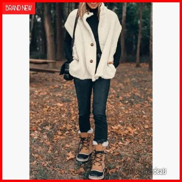 Oversized Fleece Sherpa Vest with Pockets, Button Down, Thigh Length